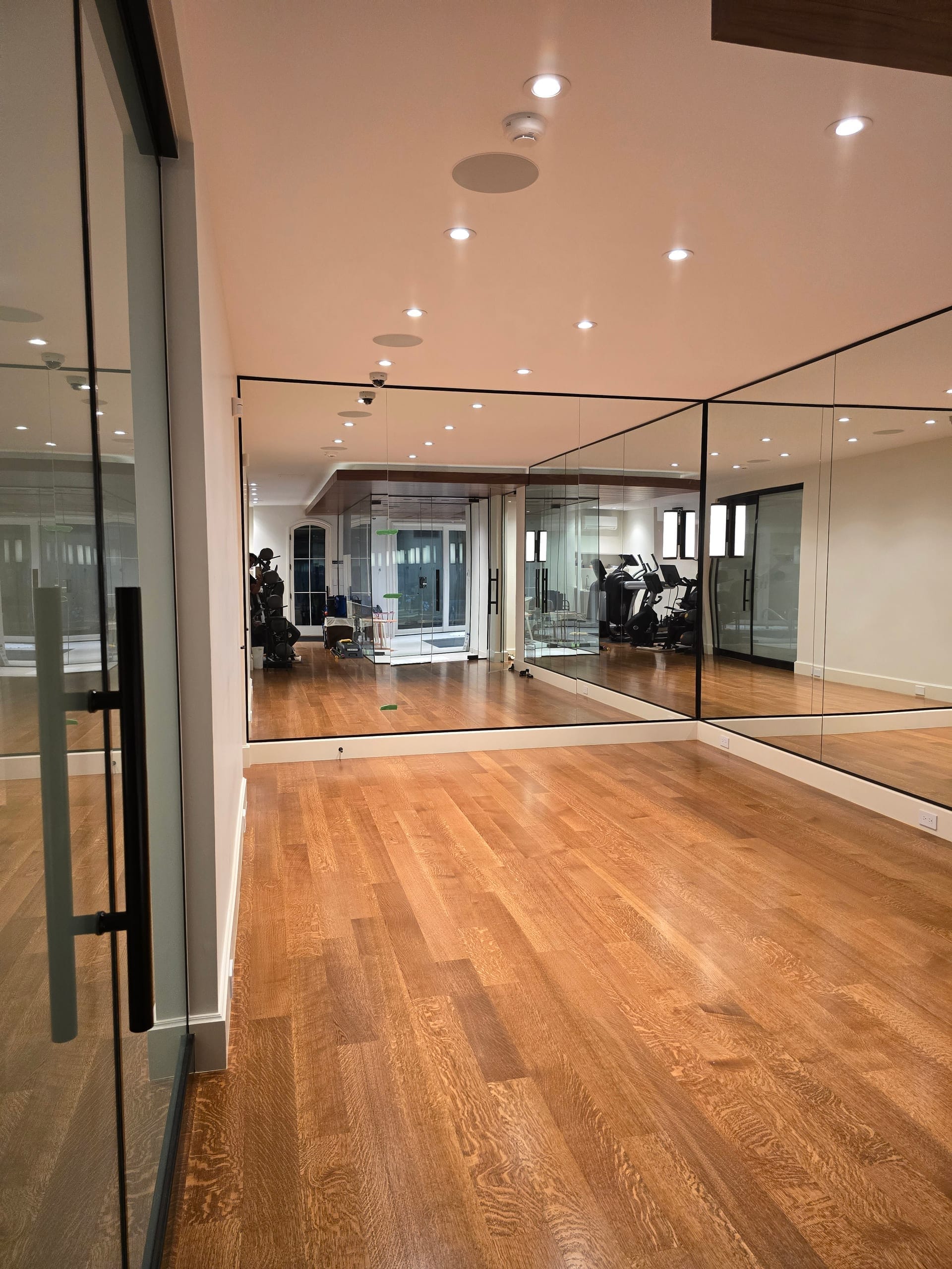 Floor-to-ceiling home gym mirror wall with oak wood accent wall and recessed pot lights — Built By Glass GTA