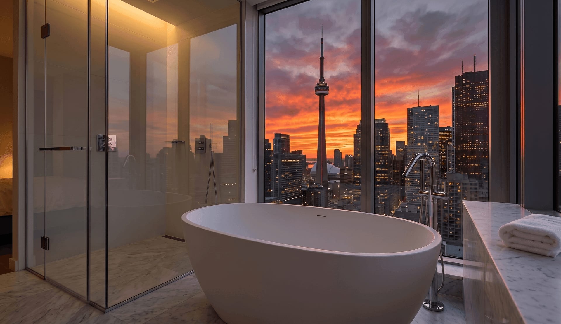Frameless shower glass beside white soaker tub — Built By Glass