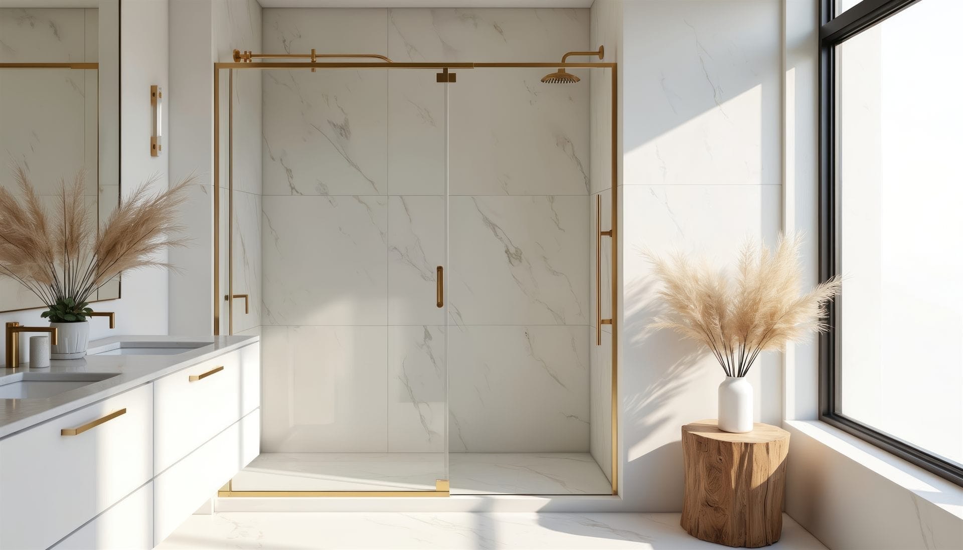 Frameless glass shower with premium champagne bronze architectural hardware — Built By Glass, GTA