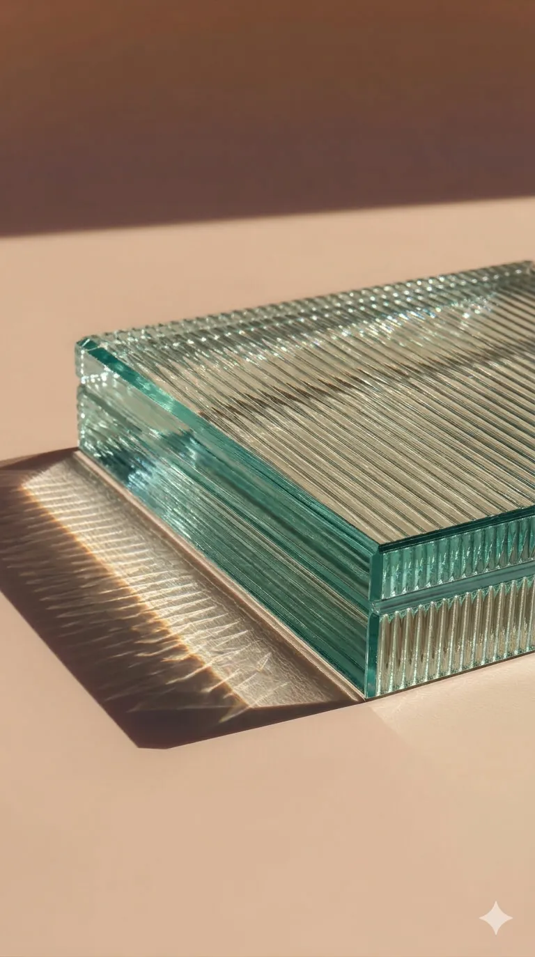 Stacked fluted reeded glass panels in sunlight — specialty textured privacy glass from Built By Glass, Greater Toronto Area
