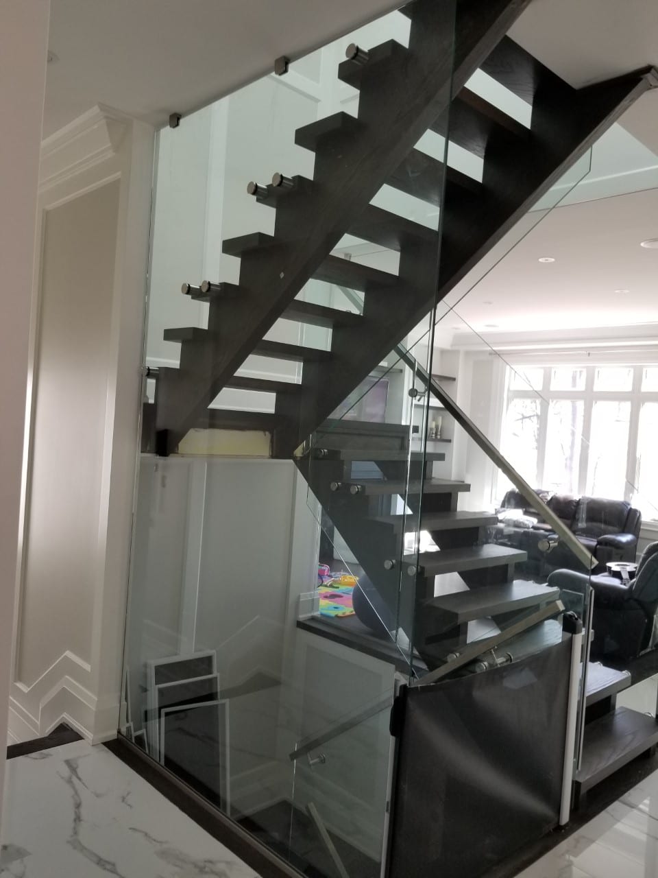 Frameless glass staircase railing with wood treads — Built By Glass