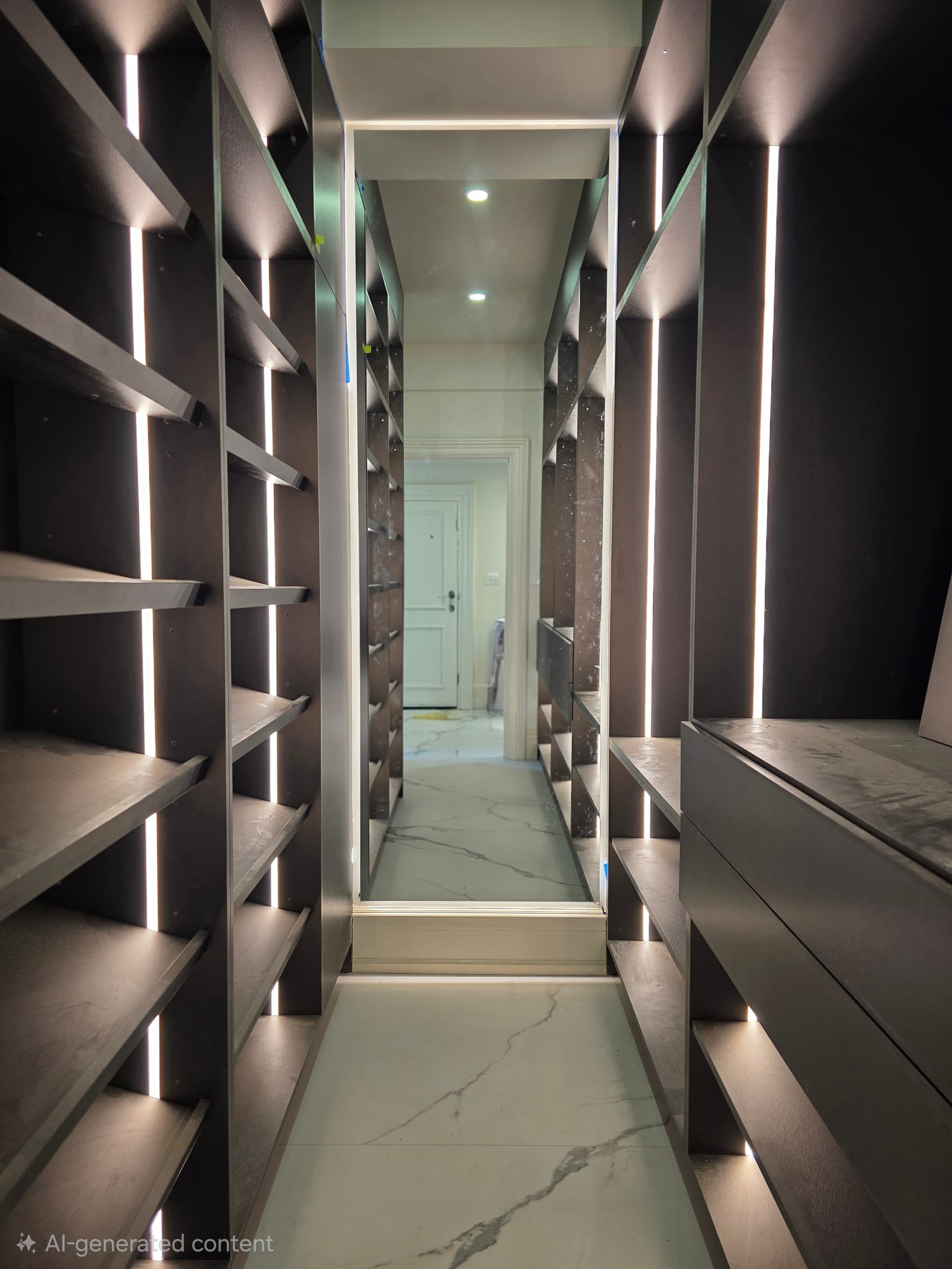 Full-length LED mirror in a walk-in closet — Built By Glass